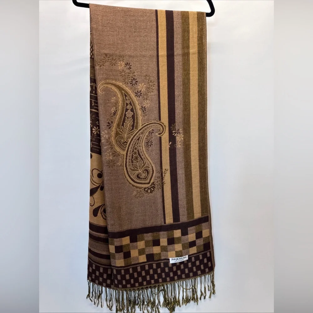 Pashmina Scarf Wrap Shawl Throw Brown Paisley Checkerboard Stripe Fringe 28